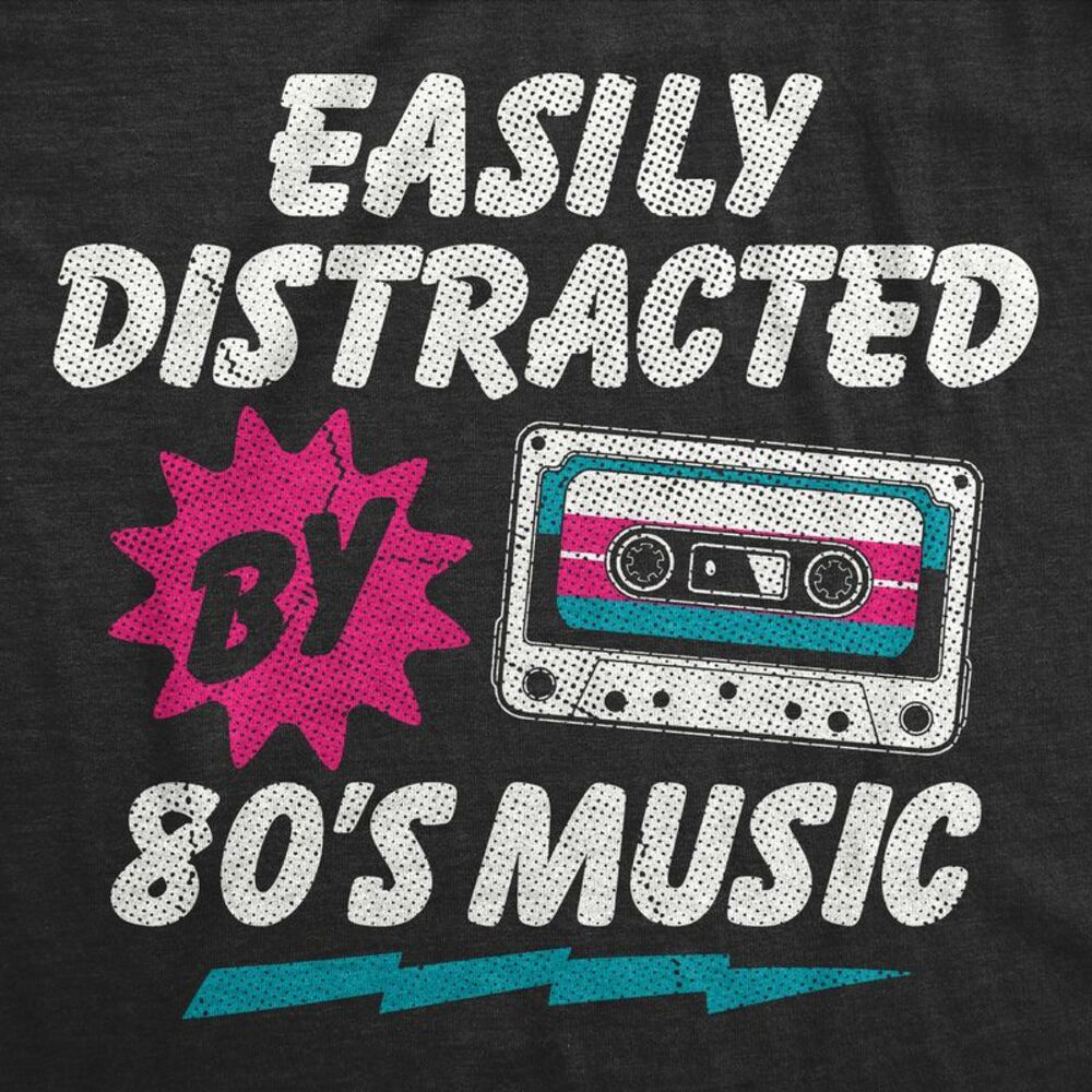 Mens Funny T Shirts Easily Distracted By 80s Music Sarcastic Retro Graphic - Picture 2 of 4